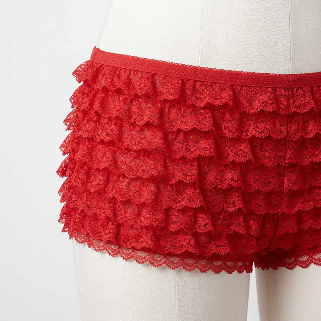 Close-up of layered red lace ruffles and scalloped edges on Smiffys panties