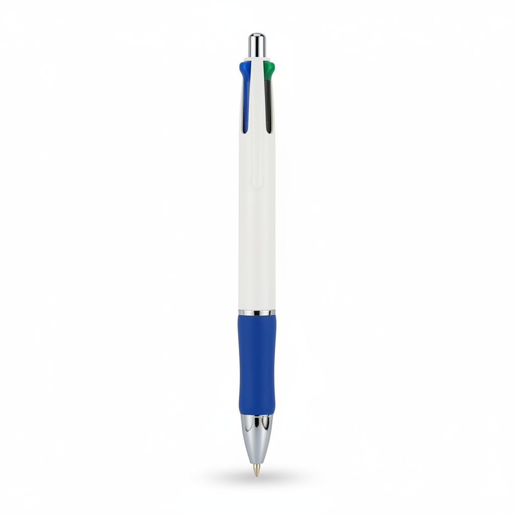 Tiger Stationery 4-colour retractable ballpoint pen with white body, royal blue grip and silver chrome tips on a pure white studio background