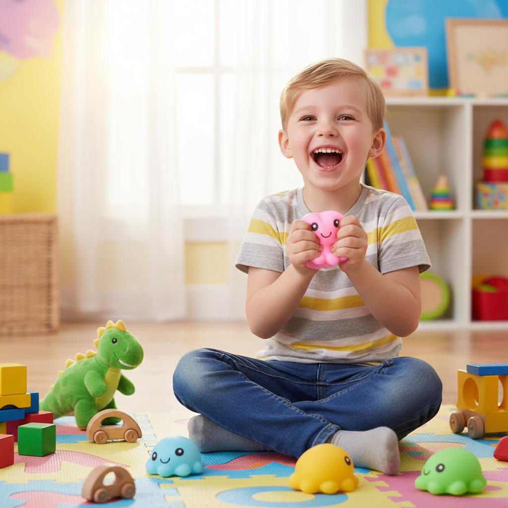 Happy child squeezing a colourful octopus squishy toy on playroom floor