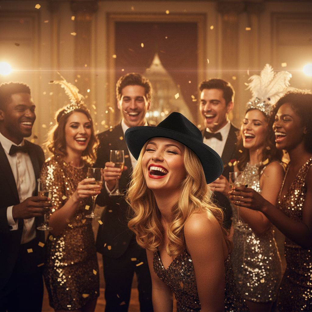 Friends celebrating at fancy dress party with classic black fedora hat as hero piece