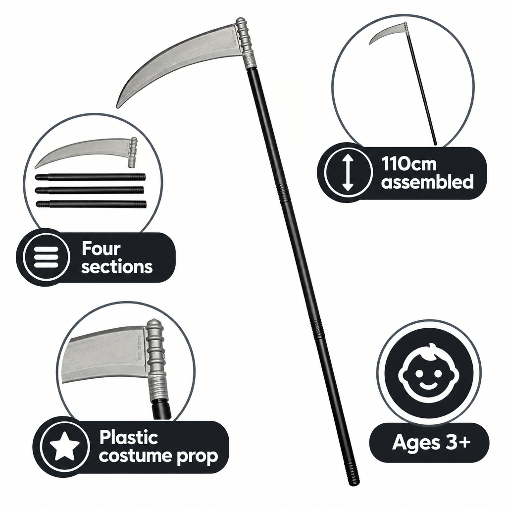 Grim Reaper scythe feature graphic showing assembled prop, four sections and age guidance