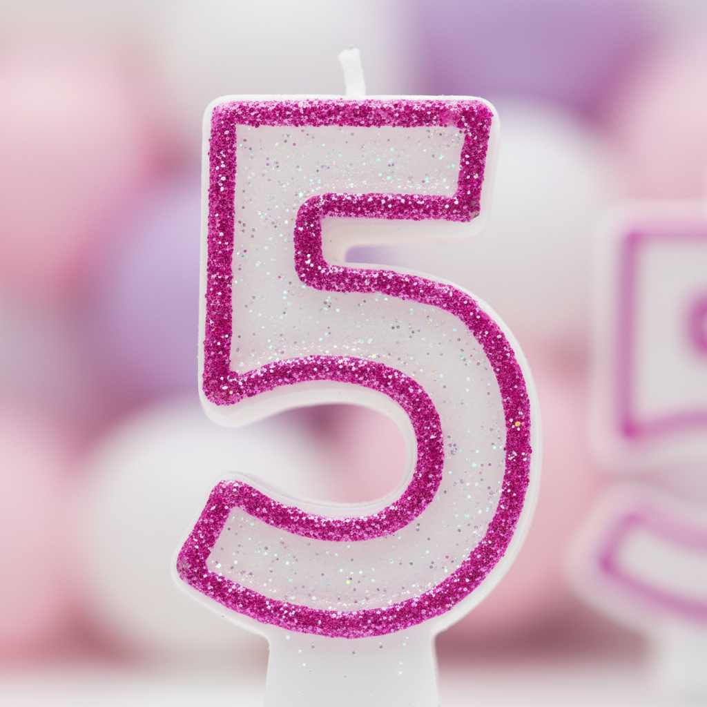 Extreme macro close-up of pink glitter number 5 birthday candle showing hot magenta glitter border texture and pearl wax surface detail