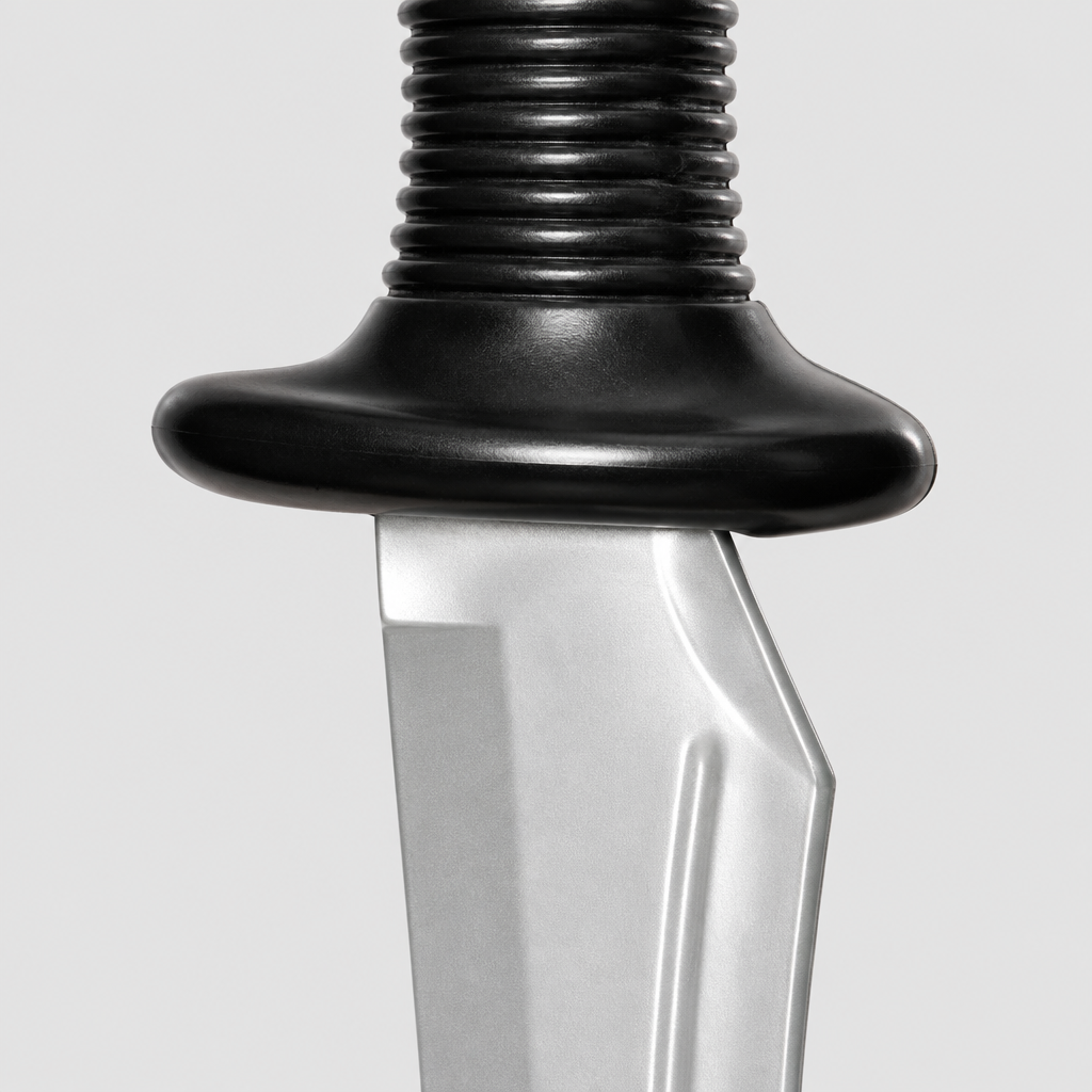 Close-up of the ribbed black handle, wide guard and moulded silver-grey blade on the costume knife prop