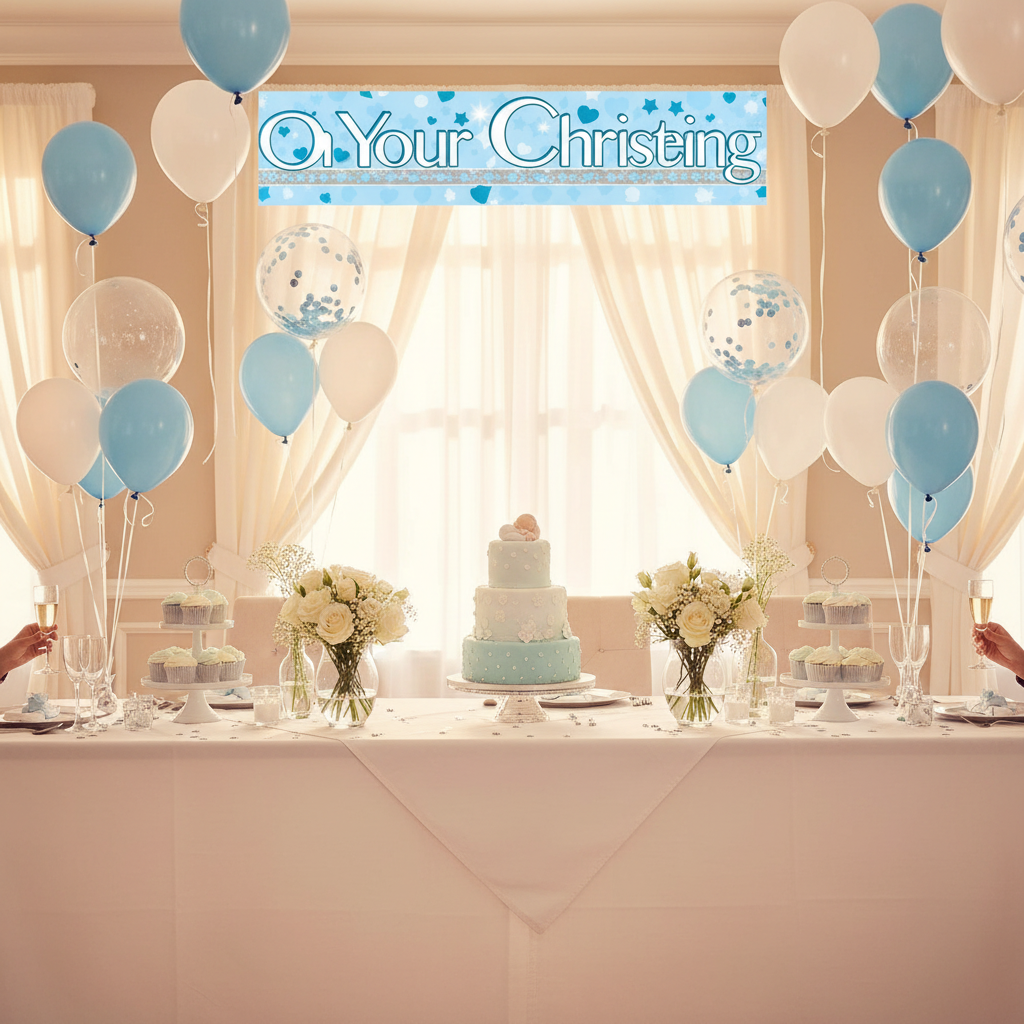 Elegant christening party table setup with 9ft blue holographic banner wall decoration