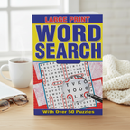 Large Print Wordsearch Book on a cosy oak table with tea and reading glasses