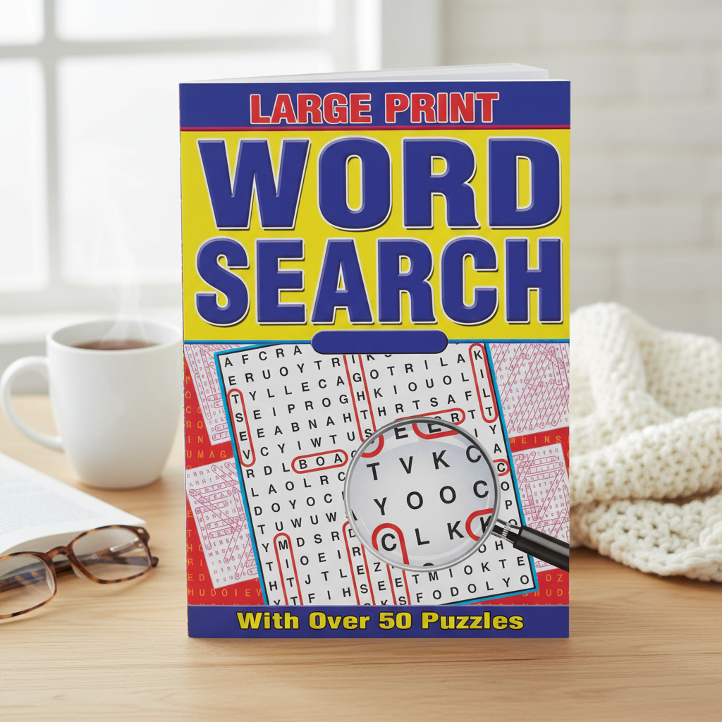 Large Print Wordsearch Book on a cosy oak table with tea and reading glasses