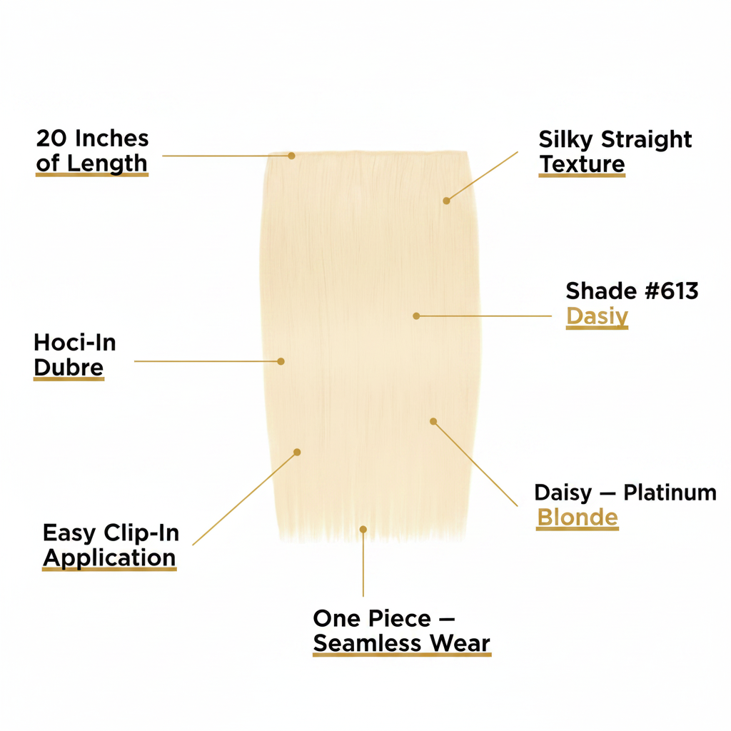 Feature infographic for 20 inch platinum blonde clip-in hair extension #613 Daisy showing key product callouts