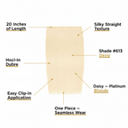 Feature infographic for 20 inch platinum blonde clip-in hair extension #613 Daisy showing key product callouts