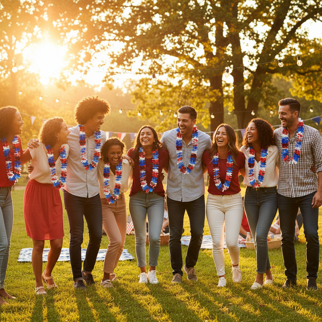 Group wearing metallic red, white and blue Hawaiian lei at a golden hour patriotic celebration