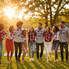 Group wearing metallic red, white and blue Hawaiian lei at a golden hour patriotic celebration