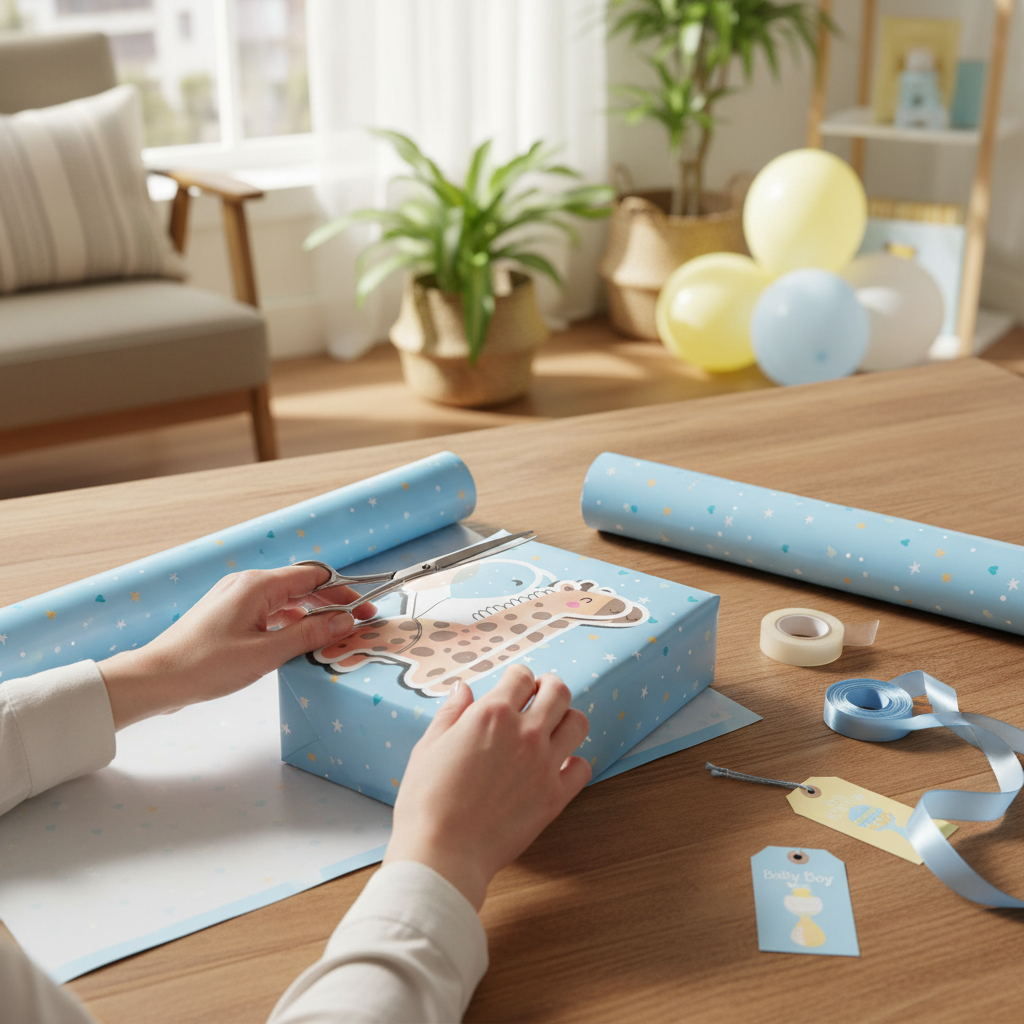 Parent wrapping baby boy gift with blue giraffe wrapping paper and tags