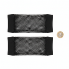 Long black fishnet net gloves laid flat on white background beside a UK £1 coin to show elbow length scale, overhead product photography