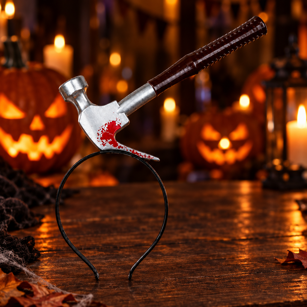 Hammer in head headband on a wooden table with glowing carved pumpkins and candles