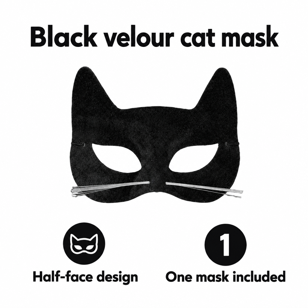 Black velour cat mask with half-face design and one-mask inclusion graphic