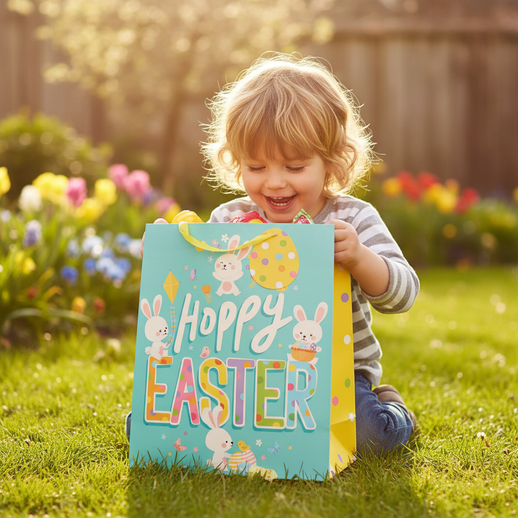 Happy young child excitedly receiving a large multi-coloured Easter Bunny gift bag in a sunny spring garden