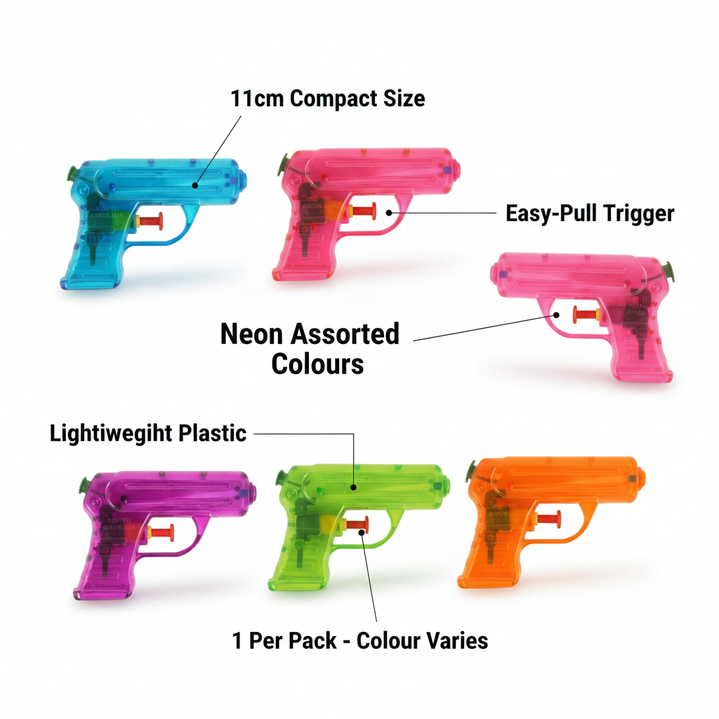 Neon water gun feature infographic showing 11cm compact size, assorted neon colours, easy-pull trigger, lightweight plastic and single pack contents