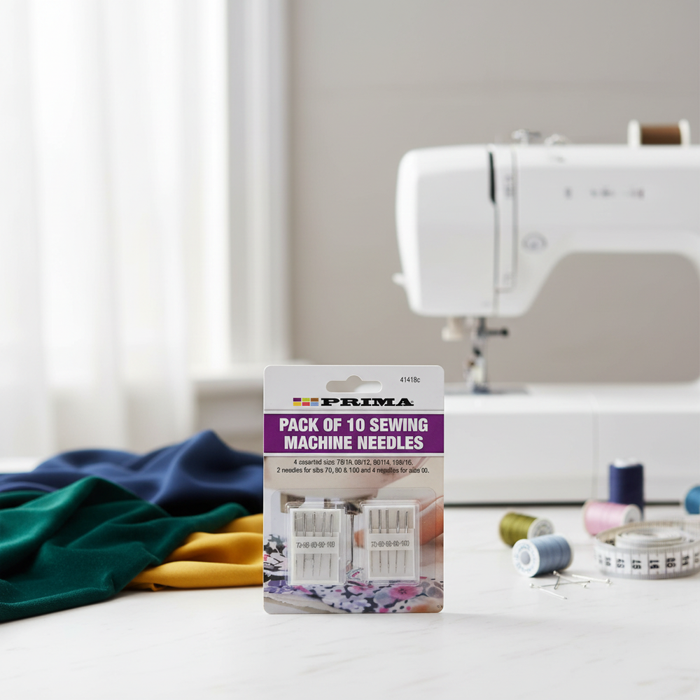 Pack of 10 premium sewing machine needles displayed on elegant workspace with sewing machine and colorful fabric