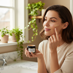 Woman applying Leichner Camera Clear Foundation Beige shade from jar - lifestyle beauty image