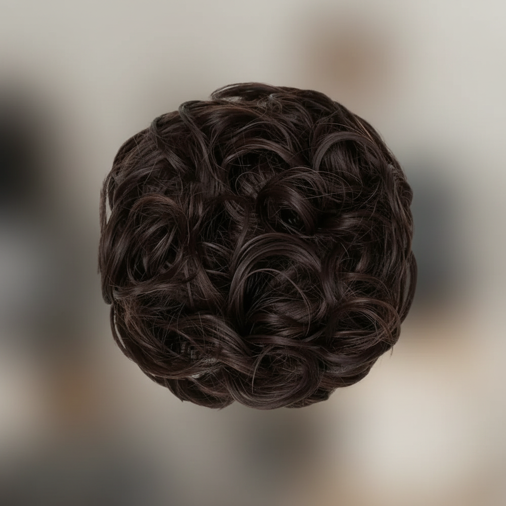 Extreme macro close-up of chocolate brown curly hair bun 4 Chocolate Dahlia showing individual curl texture, warm espresso undertones and strand craftsmanship