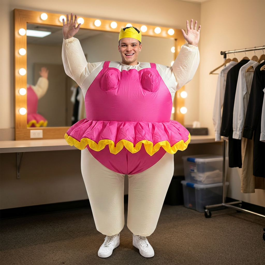 Man wearing the pink and yellow inflatable ballerina costume in a dressing room with a lit mirror.