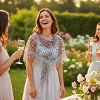 Woman wearing grey triangle lace scarf as a shawl at an outdoor garden party, elegant celebration setting