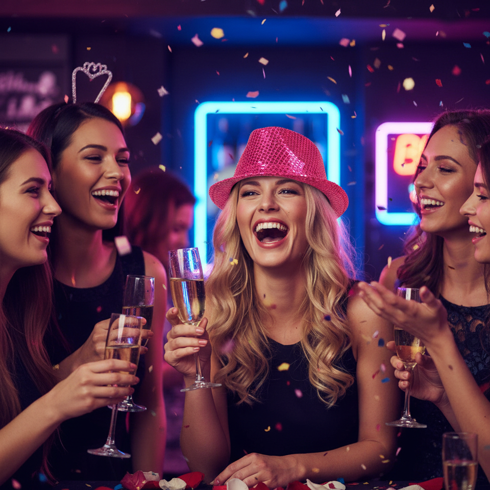 Woman wearing hot pink sequin trilby hat celebrating at a hen party night out with friends