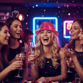 Woman wearing hot pink sequin trilby hat celebrating at a hen party night out with friends