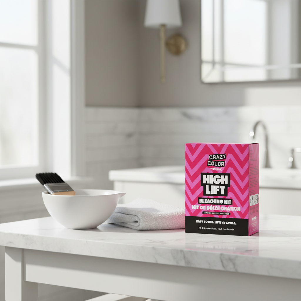 Crazy Color High Lift Bleaching Kit styled on a marble bathroom vanity with soft natural window light, professional hair brush and white towel, interior design quality beauty shot