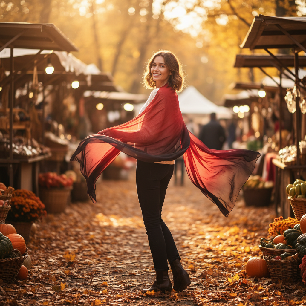 Stylish woman wearing red and black gradient chiffon scarf at an outdoor autumn festival