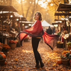 Stylish woman wearing red and black gradient chiffon scarf at an outdoor autumn festival