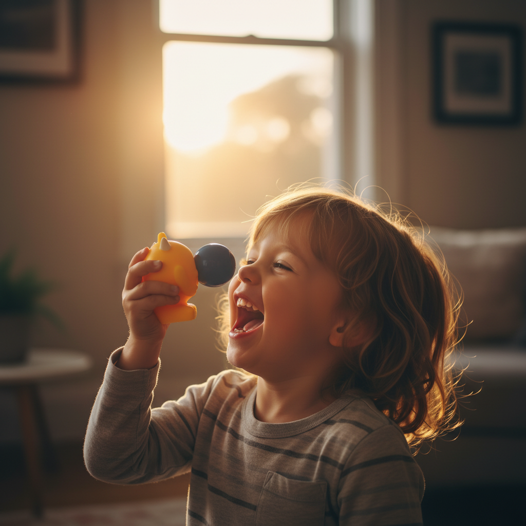 Child laughing with joy holding Google Eyed Squeeze Monster toy golden hour light emotional lifestyle