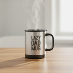 Self stirring Dad mug on a wooden surface with soft cream background – novelty gift mug for Dad