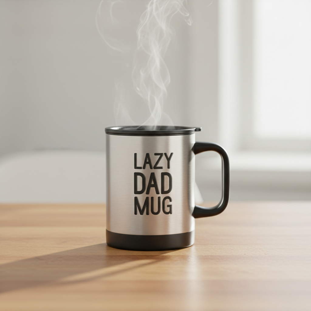 Self stirring Dad mug on a wooden surface with soft cream background – novelty gift mug for Dad