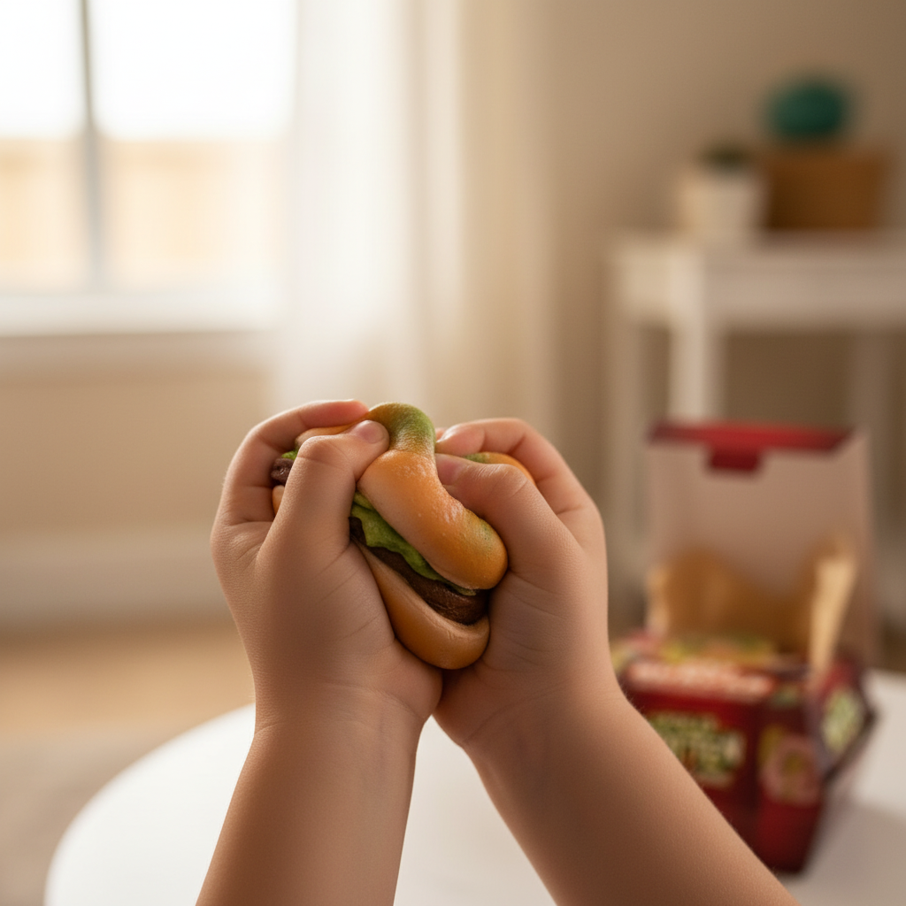 Hands squeezing the Spoiled Rotten squishy decaying burger toy with creamy bokeh background
