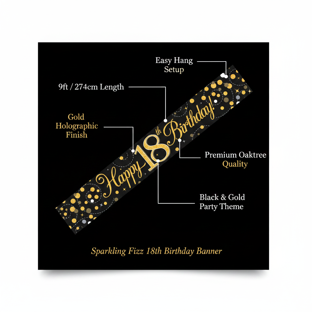 9ft Sparkling Fizz Happy 18th Birthday Banner in black and gold holographic — premium party decoration by Oaktree, 274cm length, easy hang setup, gold glitter script design