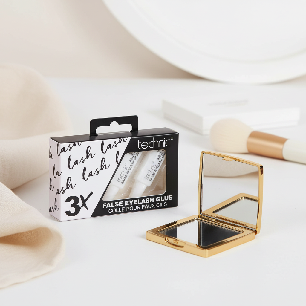 Technic Eyelash Glue Pack of 3 x 1ml on elegant beauty vanity with soft lighting and makeup accessories