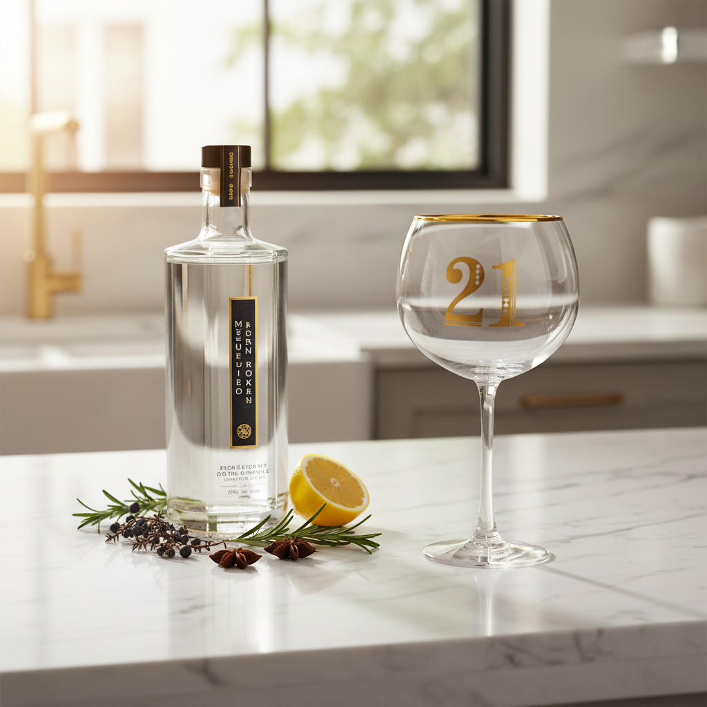 Art Deco 21st Birthday Gin Glass on marble countertop with premium gin bottle and botanicals in natural window light