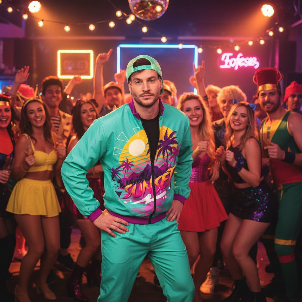 Man posing confidently at fancy dress party wearing Mens 90s Sunset Tracksuit Large teal costume