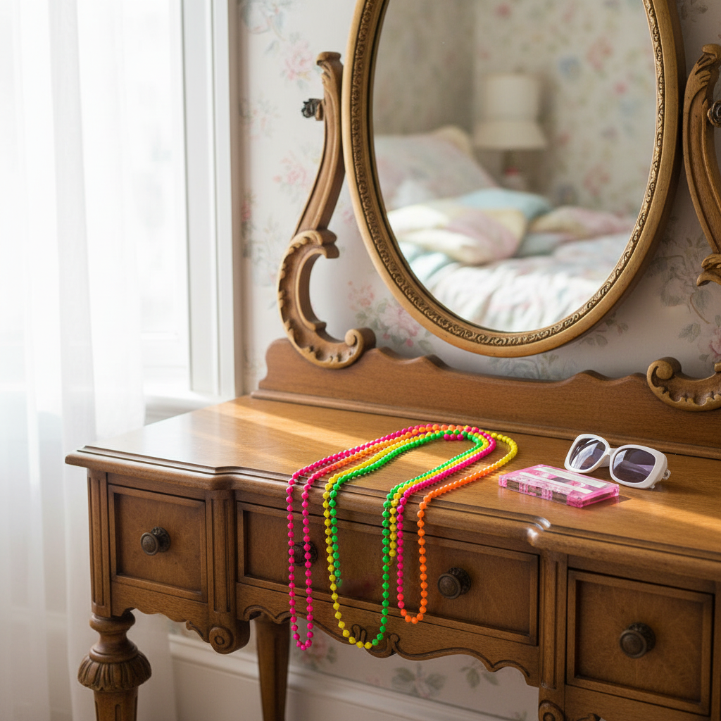 4 neon bead necklaces draped over a vintage 1980s dressing table with retro props in natural window light