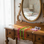 4 neon bead necklaces draped over a vintage 1980s dressing table with retro props in natural window light