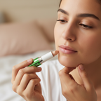 Woman with light to medium skin tone applying W7 Tea Tree Concealer Stick to blemish, candid beauty moment with warm bokeh background and metallic green concealer stick