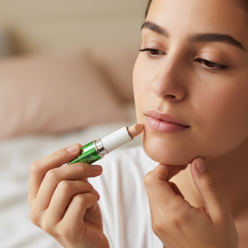 Woman with light to medium skin tone applying W7 Tea Tree Concealer Stick to blemish, candid beauty moment with warm bokeh background and metallic green concealer stick