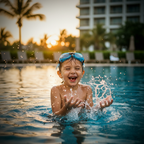 Happy child wearing Osprey swimming goggles splashing in outdoor pool on a sunny summer day