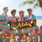 Cardboard Hawaiian Aloha Welcome Sign at outdoor beach party with friends in Hawaiian shirts