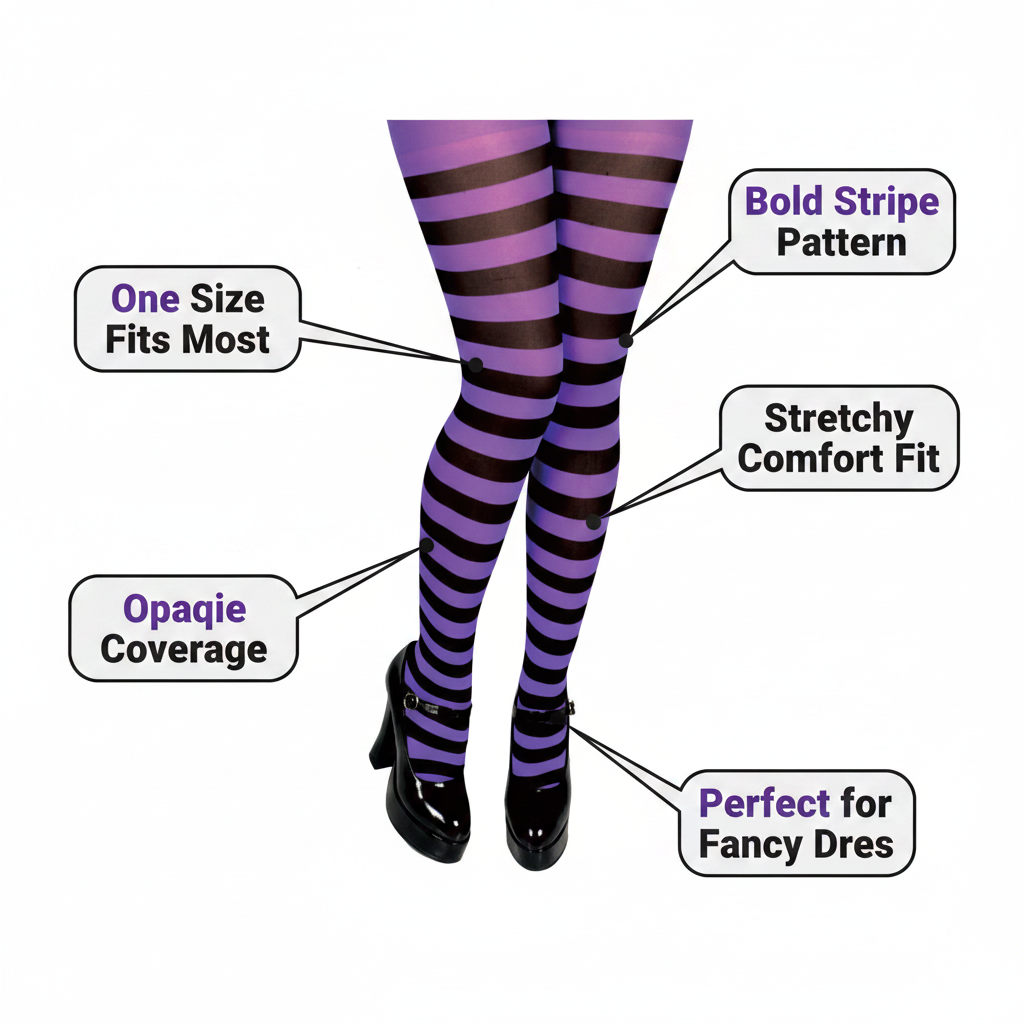 Womens purple and black striped tights feature infographic with callout labels highlighting bold stripe pattern, stretchy fit and opaque coverage