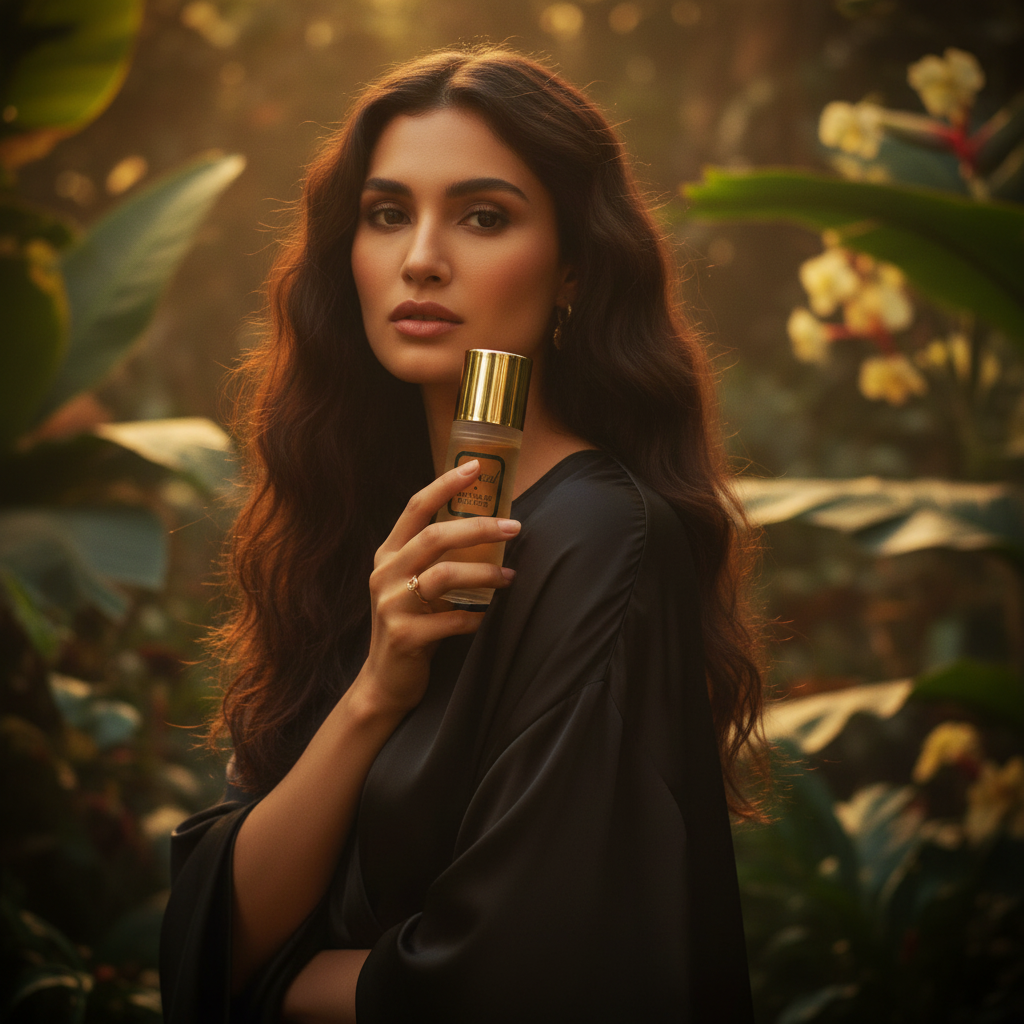 Aspirational golden hour scene — mysterious confident woman holding Chacal perfume in warm cinematic botanical light