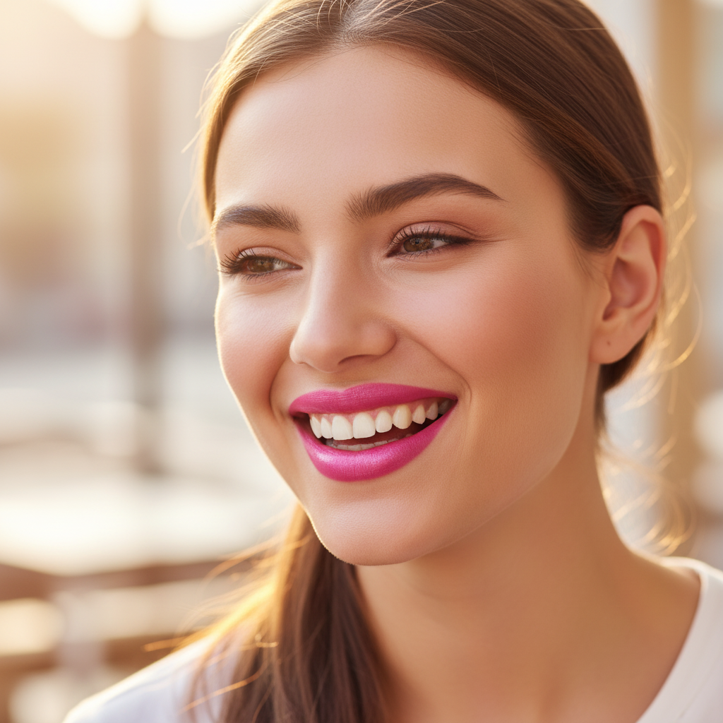 Woman with boldly applied Laval Candy Sizzle 07 vibrant pink lips smiling with joy and confidence