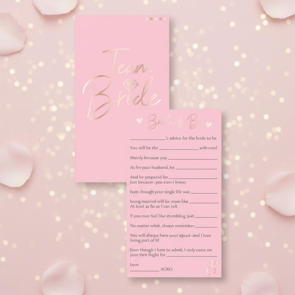 Team Bride Hen Party Advice Cards Pack of 8 on elegant blush pink background with gold bokeh – Why Not Shop
