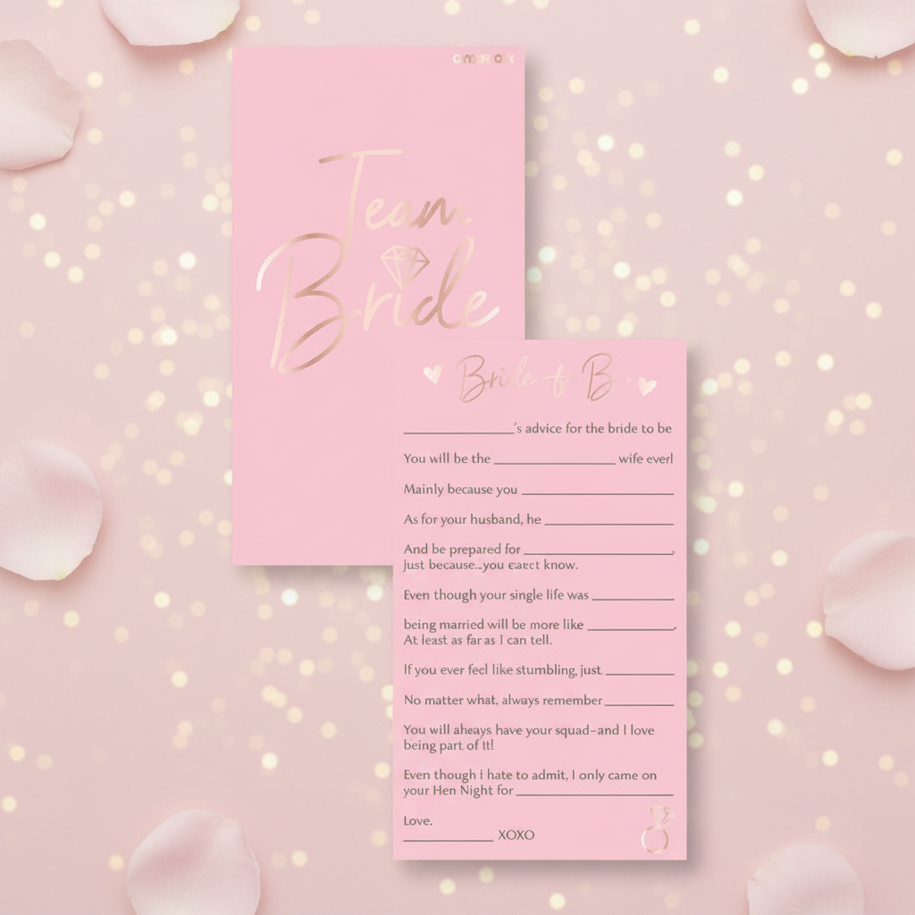 Team Bride Hen Party Advice Cards Pack of 8 on elegant blush pink background with gold bokeh – Why Not Shop
