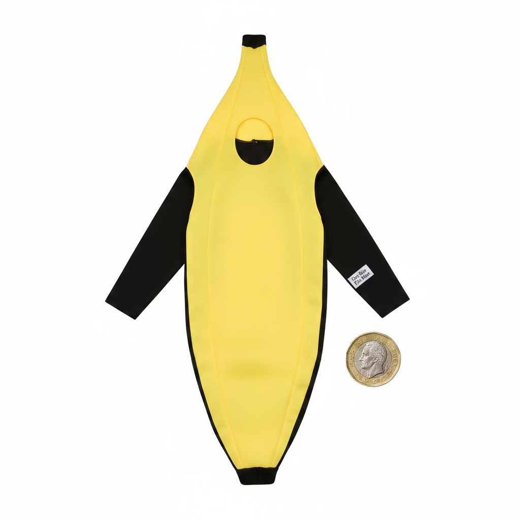 Barmy Banana Adults Fancy Dress Costume laid flat beside a British pound coin to show scale, on a pure white background